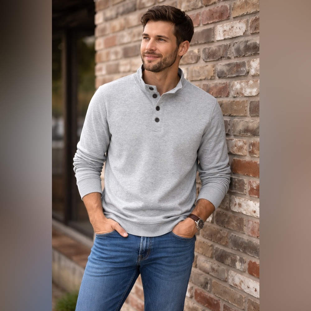 J. CREW Men’s Heather Gray 1/4 Button Authentic Fleece Sweatshirt L